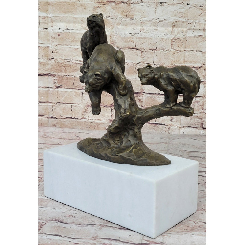 Bronze Bear Family Sculpture on Marble Base