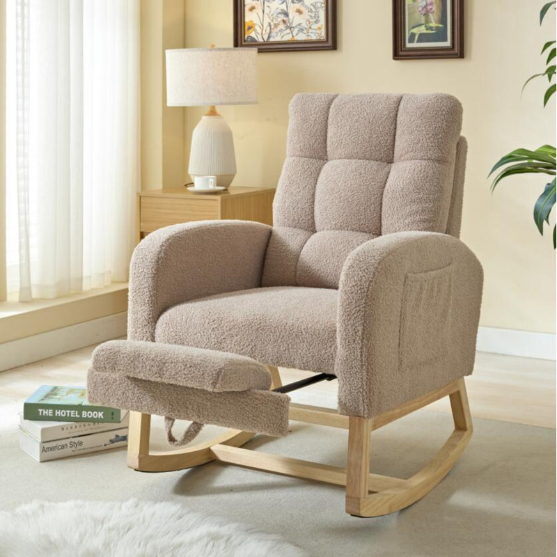Nursery Rocking Chair with Adjustable Footrest for Living Room,Teddy Fabric Rocking Chair with Solid Wooden Legs，Comfortable Lounge Armchair with Side Pockets and High Backrest