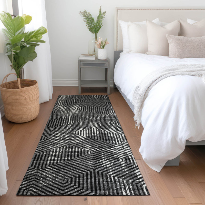 Premium Machine Washable Prisco Black Rug, Runner 2'3" x 7'6"
