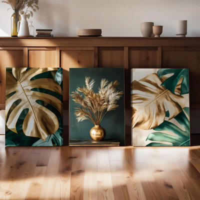 Ensemble de 3 affiches encadrées, toiles décoratives à motifs de feuilles tropicales, imprimés botaniques dorés et verts pour la décoration du salon, style minimaliste et moderne avec motif de feuilles de palmier, élégantes œuvres d'art végétales pour la chambre ou le bureau.