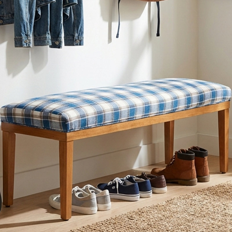 Entryway Upholstered Bench 52.8'' With Solid Wooden Legs, Blue Gingham Linen Shoe Bench Easy To Assemble, Blue Gingham