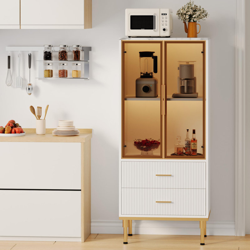 Fluted Storage Cabinet with Adjustable Shelves, Modern Tall Display Cabinet with 2 Glass Doors, White