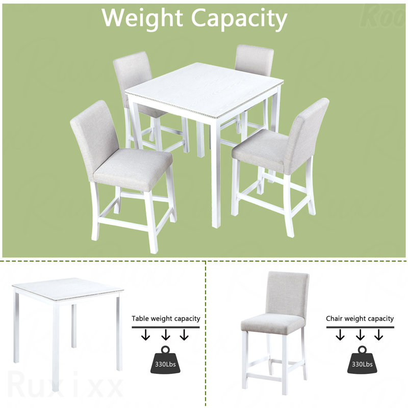 Ensemble de salle à manger 5 pièces à hauteur de comptoir: table carrée en bois et 4 chaises rembourrées, décoration en cristal