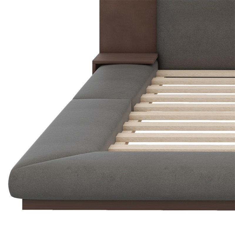 Floor Upholstered Platform Bed With Extended Wood Headboard & Bedside Shelf, Queen