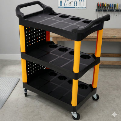 Three-Tier Rolling Automobile Detailing Cart On Wheels. Equipped With A Side Panel And Hooks, Designed For Detailers In Garages, Workshops, And Repair Shops For Organized Storage. Color: Yellow And Black.