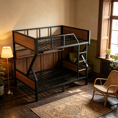 Queen over Queen Bunk Bed, Metal Bunk Bed with Storage Shelves and Lights, Space-saving & Noise-free Design, Black
