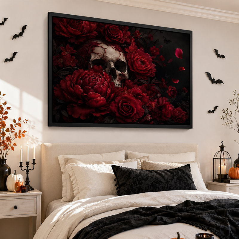 Impression sur toile, crâne humain foncé gothique entouré de roses rouges, H 16 po x l 24 po