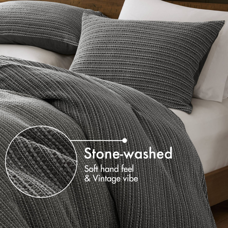 3PCS Waffle Washed Duvet Set, Full / Double Duvet Cover + 2 PIllow Shams