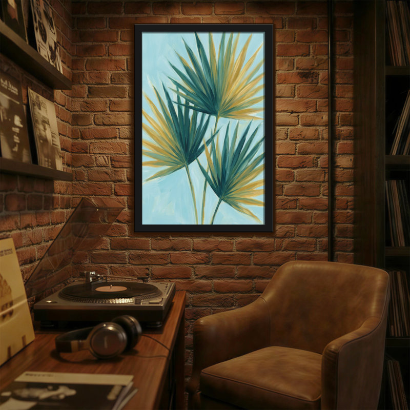 Plantes et fleurs, feuilles de palmier tropicales sur fond bleu, H 24 po x l 36 po