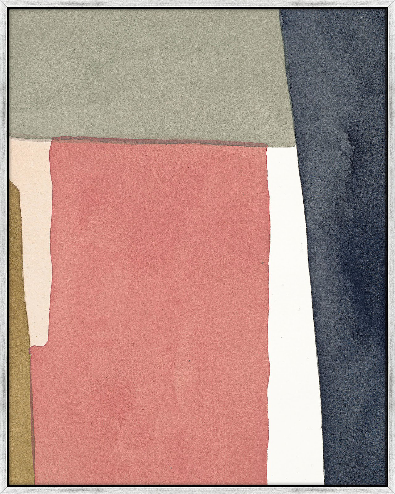 Warm Pink And Indigo by Julia Balfour, 30" H x 24" W x 1.4" D, Silver Framed Canvas