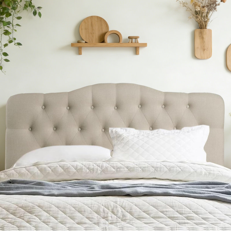 Tufted Upholstered Wingback Headboard, Solid Wood Head Board with Wood Legs, Adjustable Height Bed headboard from 47” to 63” Fabric Headboard in Modern Button Design, Beige