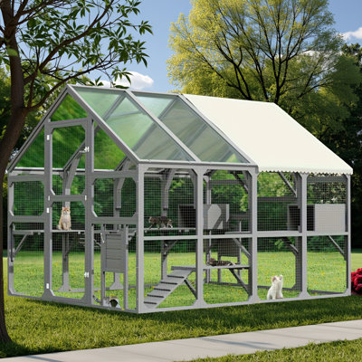 Large Gray Wooden Catio Outdoor Cat Enclosure (96.1"x74.2"x74.4") - Walk-in Kitty Cage With 7 Platforms, 2 Resting Boxes, Bridge & Ramp, Sunshine Boar
