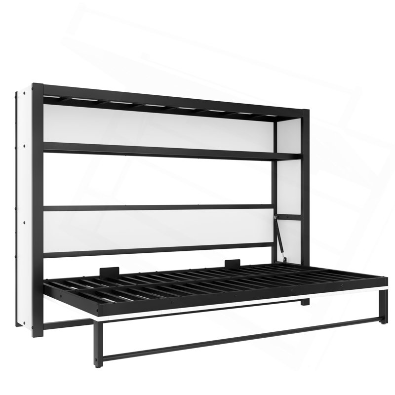 Lit escamotable simple avec tablettes, lit mural en métal au design pliable et peu encombrant, Blanc cassé