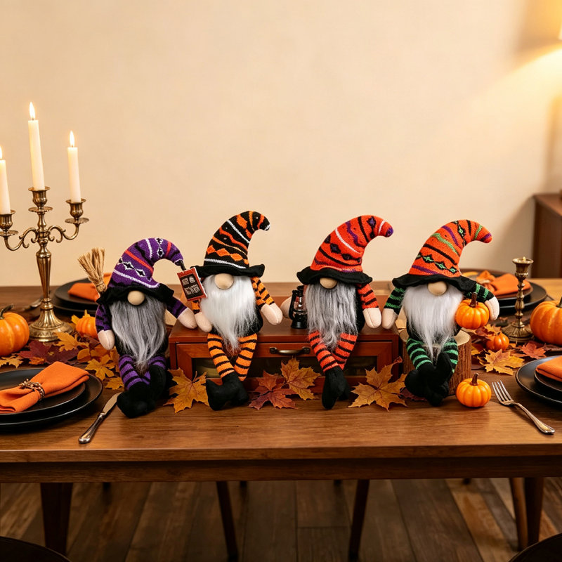 Ensemble de 4 décorations de table de gnome rayé d'Halloween, gnomes de sorcière à longues pattes avec citrouille, balai, lanterne et signe de joyeux Halloween, décorations de gnome sans visage pelucheux pour tablette de cheminée