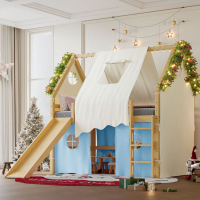 Full Size House Loft Bed with Slide & Ladder, Solid Wood Kids Loft Bed with Lights & Tent, No Box Spring, Natural+Blue