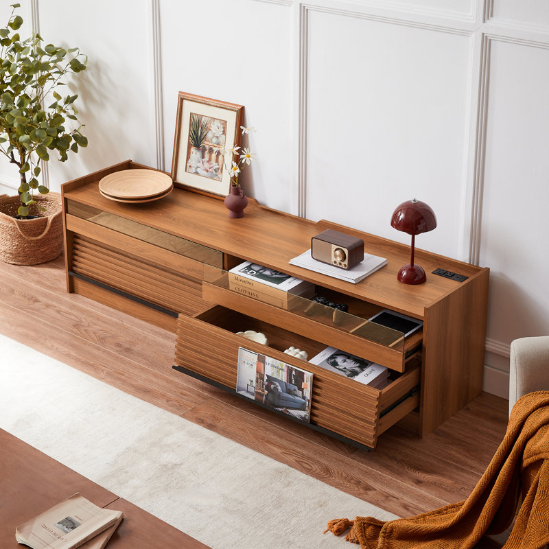  Meuble télé moderne avec 4 tiroirs, verre trempé, ports de charge et éclairage ambiant, grand espace de rangement, naturel