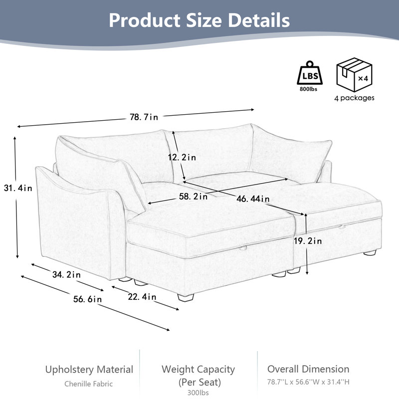 Canapé modulaire en tissu de chenille 2 places avec 2 repose-pieds mobiles et tiroirs de rangement cachés sous chaque siège, conception moderne et peu encombrante