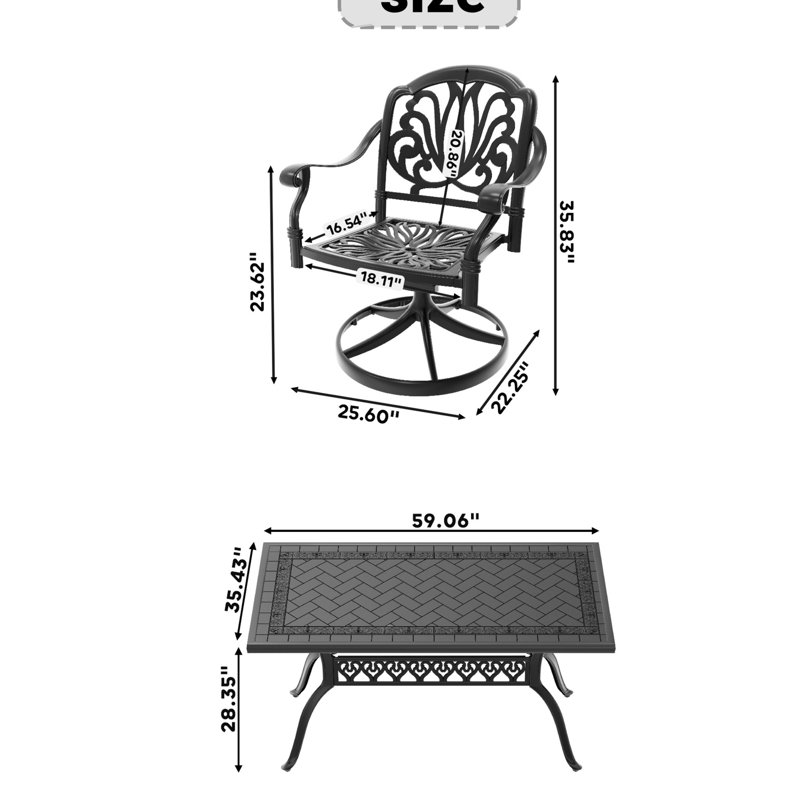 Extérieur 7 repas: 6 chaises pivotantes et table rectangulaire en noir résistant aux intempéries: zèbre