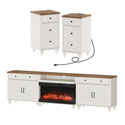 Farmhouse Living Room Table Set, 105"  Fireplace Tv Stand & Two End Tables