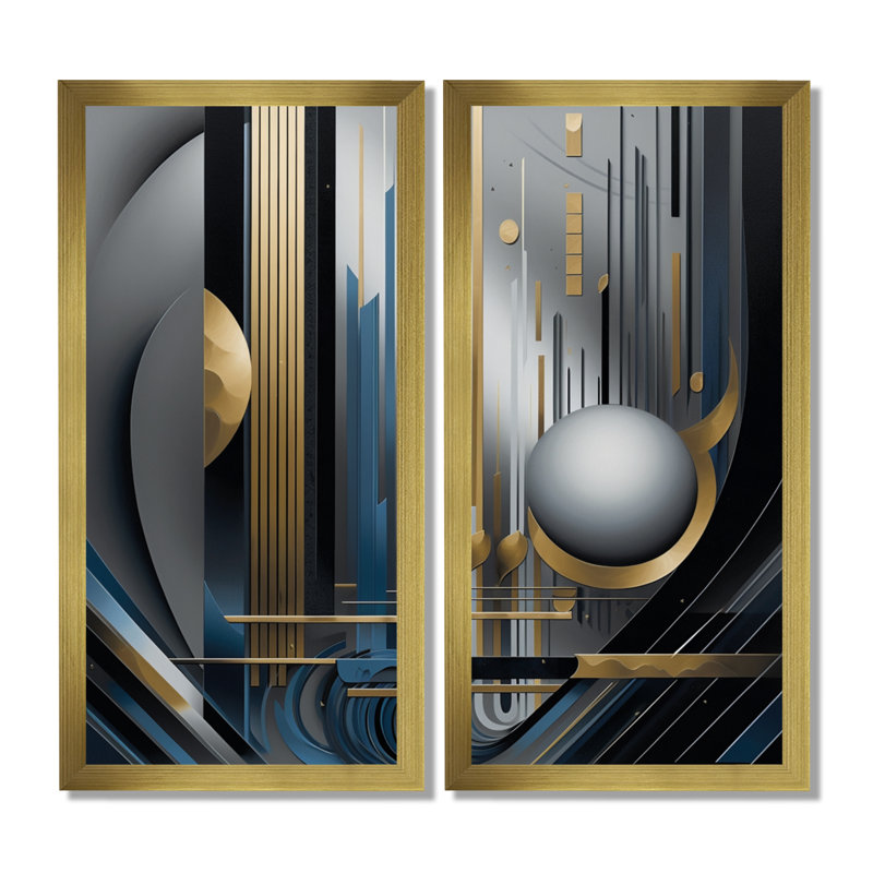 «Minimal Tech Blue Silver Sphere», art mural géométrique, impression sur toile abstraite dorée 2 pièces, H 40 po x l 40 po