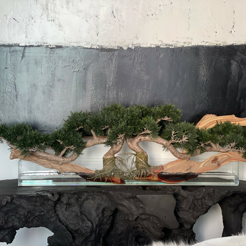 Faux Bonsai Tree in Planter, Light Green, 10" H x 52" W x 8" D