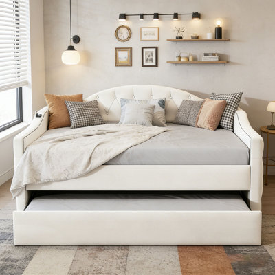 Tufted Upholstered Daybed with Trundle ,Velvet Sofabed with USB&Type-C Charging Ports,No Box-spring Needed