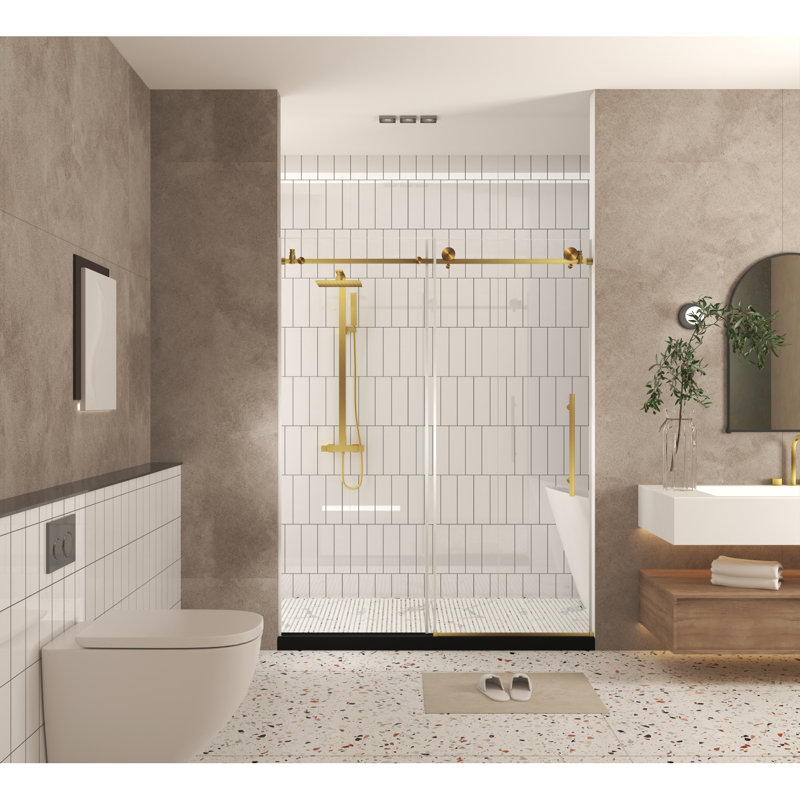 Frameless Shower Door 60"W x 76"H, Clear Tempered Glass, Stainless Steel Handle