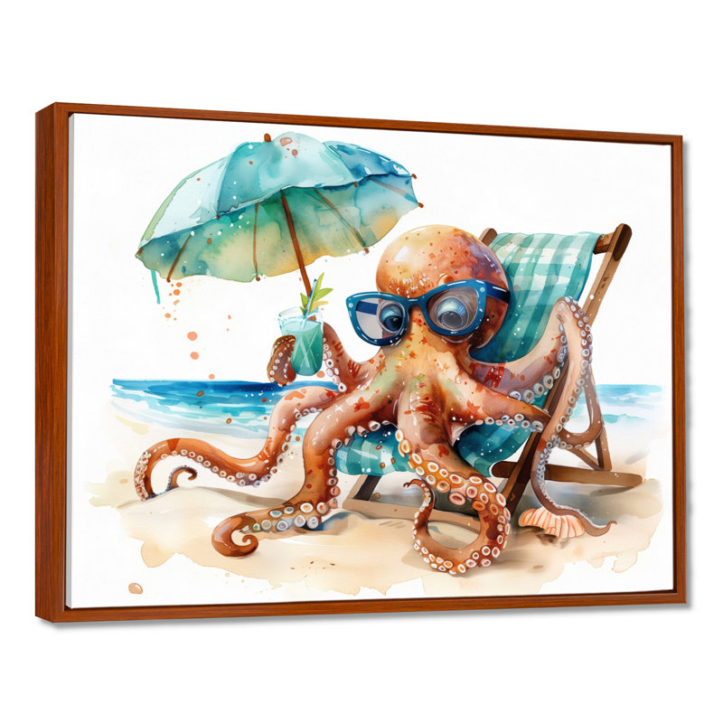 Pieuvre reposant sur une chaise de plage - pieuvre / calmar, Toile avec cadre flottant brun, H 12 po x l 20 po x P 1 po