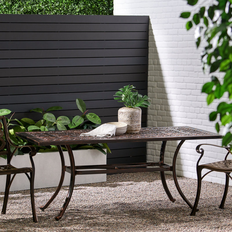 Table de salle à manger d'extérieur rectangulaire en fonte d'aluminium Vanderpool | Résistant à la rouille et aux intempéries | Conception élégante à motif floral | 6 places pour le patio, le jardin et la cour