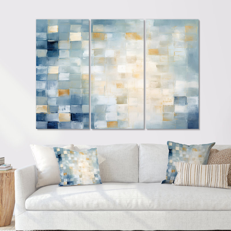 Carrés cubiques bleus apaisants - ensemble d'art mural abstrait, H 28 po x l 36 po x P 1 po, Toile tendue