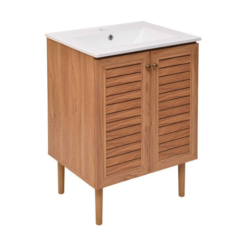 Bron 24" Brown Oak Freestanding Bathroom Vanity with White Sink Top