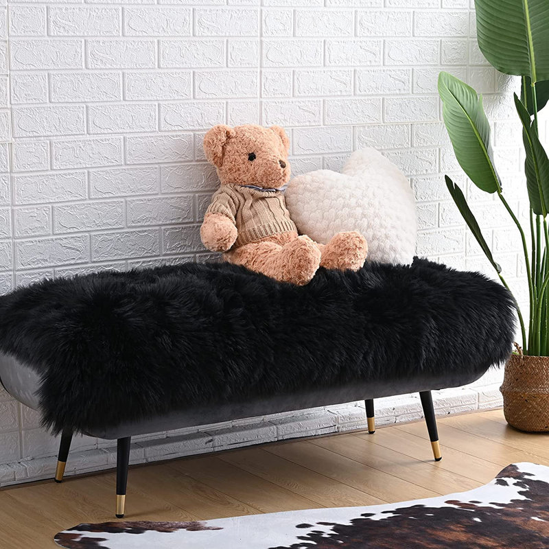 Hagay Shag Fluffy Faux Sheepskin Fur Area Rug in Black, Rectangle 6' x 9'