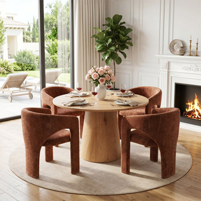 5-Piece Mid-Century Round Dining Set With Oak Finish Pedestal Table For 4