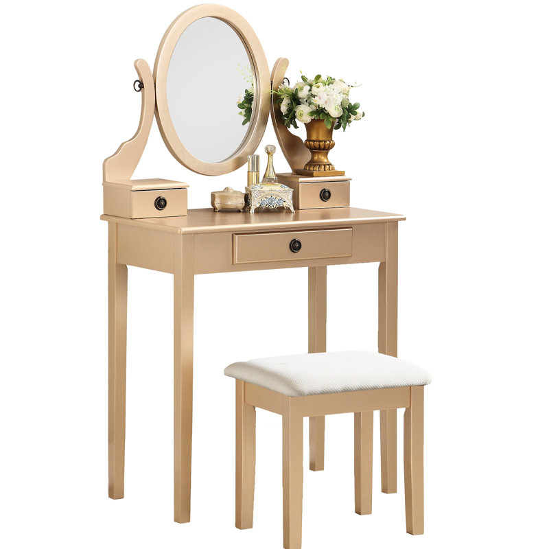 Table de coiffeuse et tabouret rayonnant radiateur doré, 3 tiroirs, miroir ovale réglable, Doré