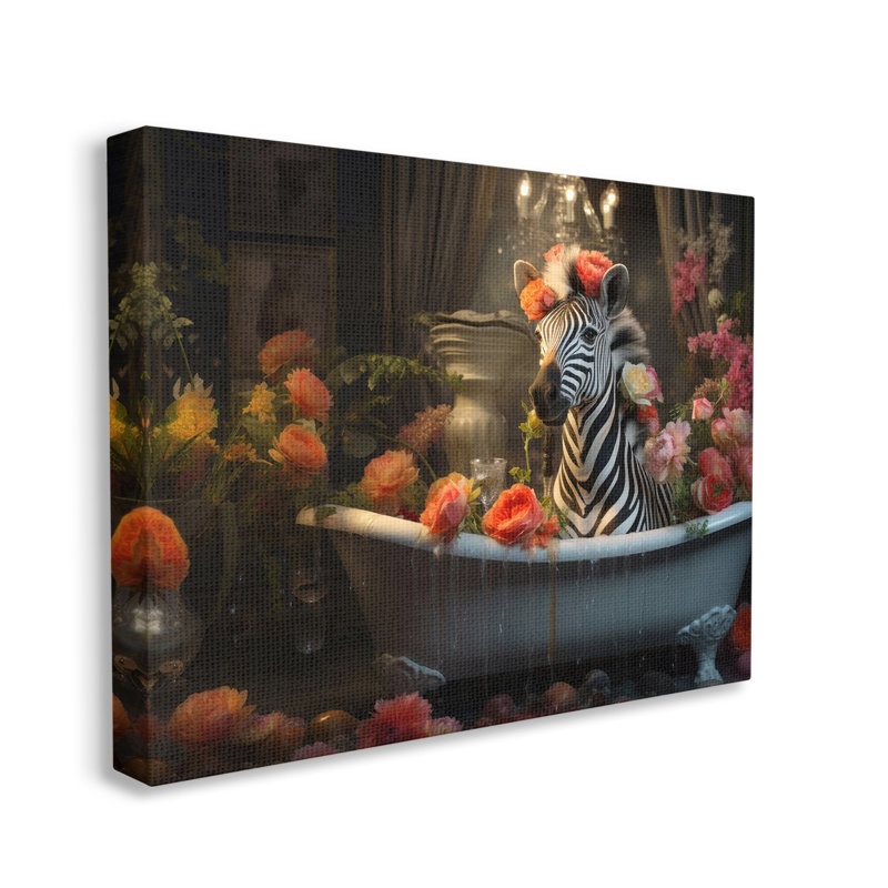 " Zebra Bathing With Florals " by Lazar Studio, 16" H x 20" W