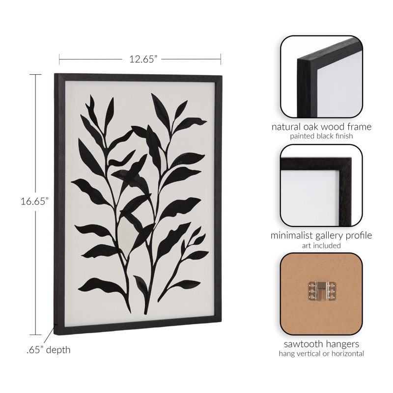 Art mural floral noir et blanc, Cadre noir, H 12,65 po x l 16,65 po