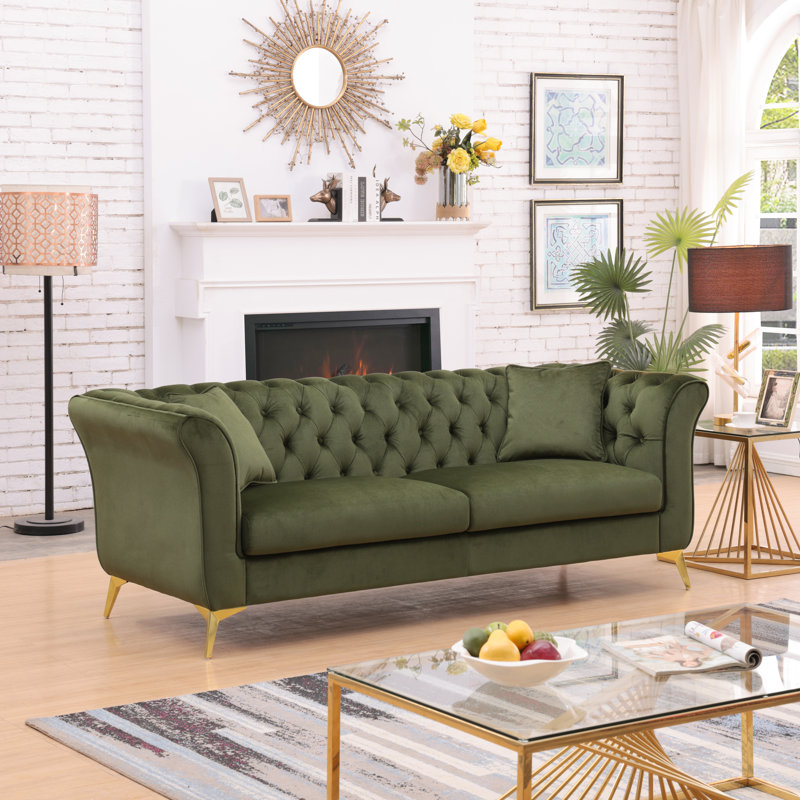Ganyn 87" Velvet Rolled Arm Chesterfield Sofa, Green
