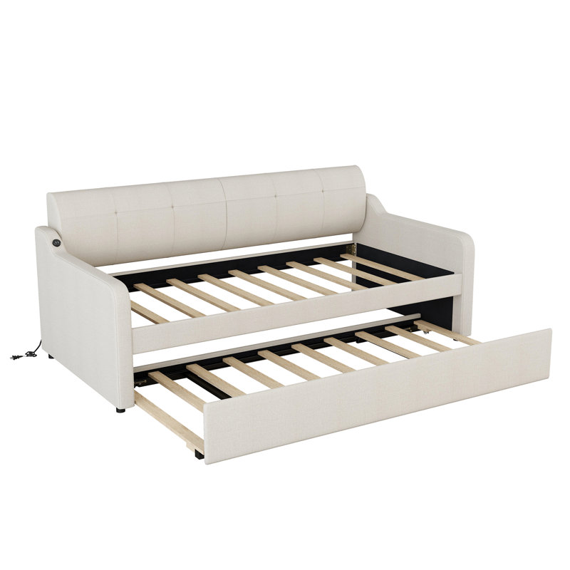 Lit de jour simple rembourré avec port USB et couchette relevable, Blanc