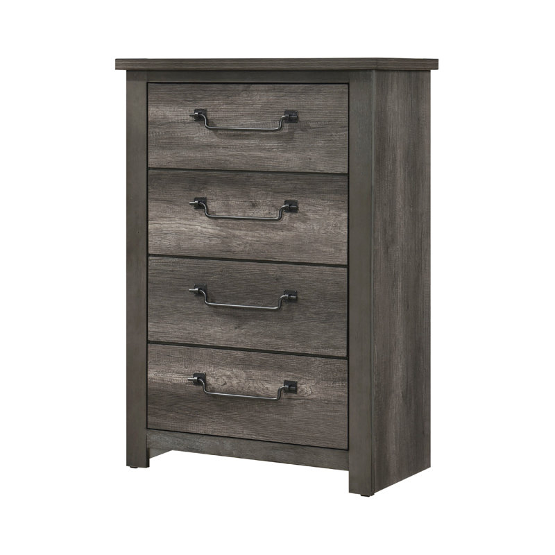 Commode haute 4 tiroirs, panneau de mélamine gris, poignées rabattables Nemy
