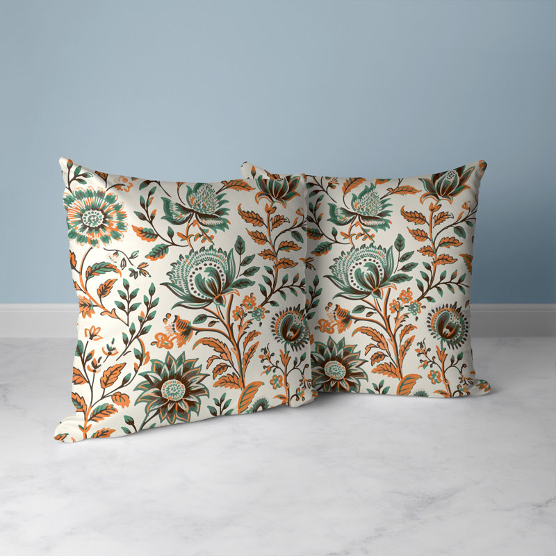 Orange and Teal Floral Faux Suede Square Throw Pillow