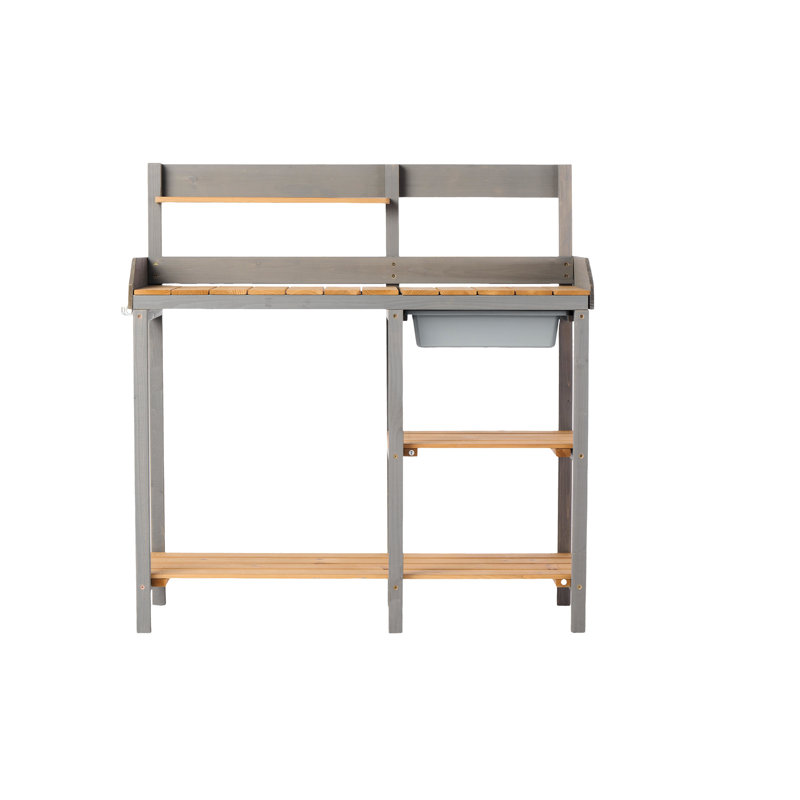 Poste de travail de jardin arrière, table de rempotage en bois avec armoire de rangement, plan de travail généreux, bois, espace de travail extérieur brun-gris, fabrication en bois, couleur