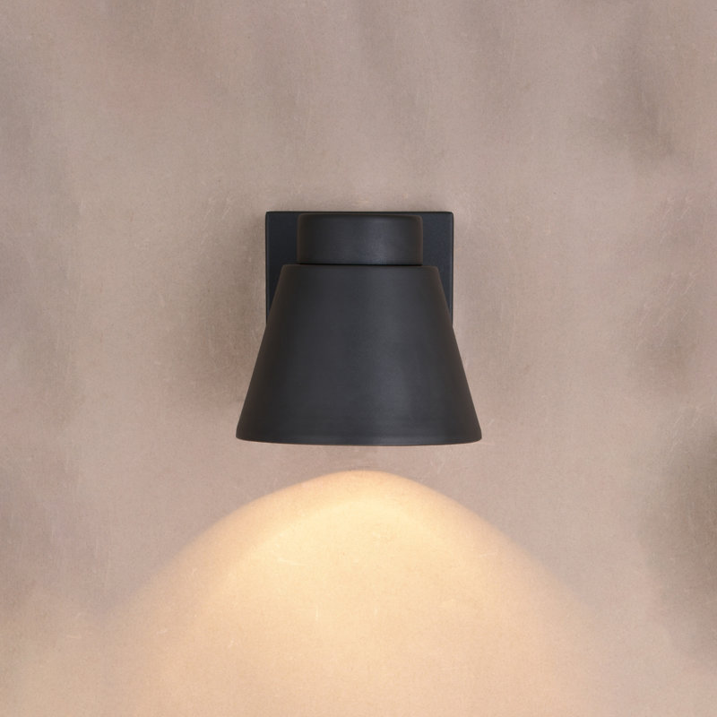 Adhira 5.5 in. H 1-Light Textured Black Outdoor Wall Sconce made of Rust-Resistant Aluminum, Metal Shade, Integrated LED, Dark Sky Compliant, Use for Exterior Porch Patio Front Door or Garage