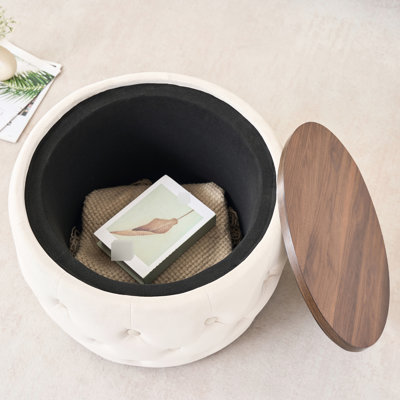 2 repose-pieds gigognes en velours, 41 tabourets ronds avec rangement, beige, sans assemblage, H 22,75 po x 22,75 po x H 15 po, espace, design moderne, plateau en bois, siège robuste à résistance moyenne, fonction beige