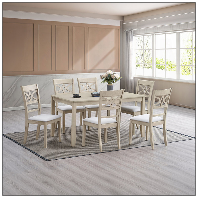 Belle table de salle à manger 7 pièces et 6 chaises d'appoint au fini gris antique