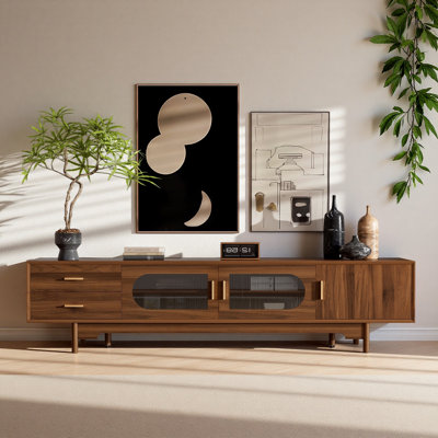 Magnifique meuble télé 78 pouces peu encombrant pour téléviseur de 85 po ou moins, meuble télé moderne avec portes en verre cannelé et 2 tiroirs, pour salon, centre de divertissement avec gestion des câbles, pieds en bois massif