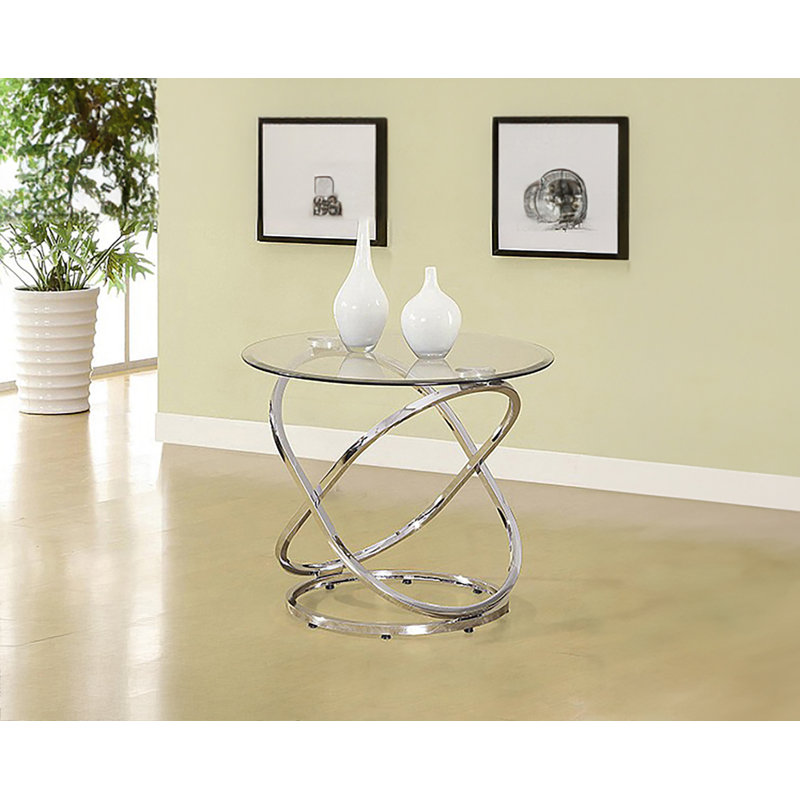 Table de bout ronde en verre avec base piédestal en chrome, table de salon moderne en verre trempé