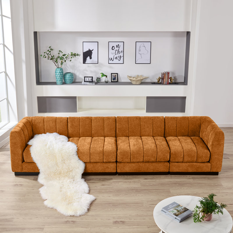 Canapé d'angle modulaire Myrhn, lit convertible contemporain 4 places avec base en bois massif, Orange