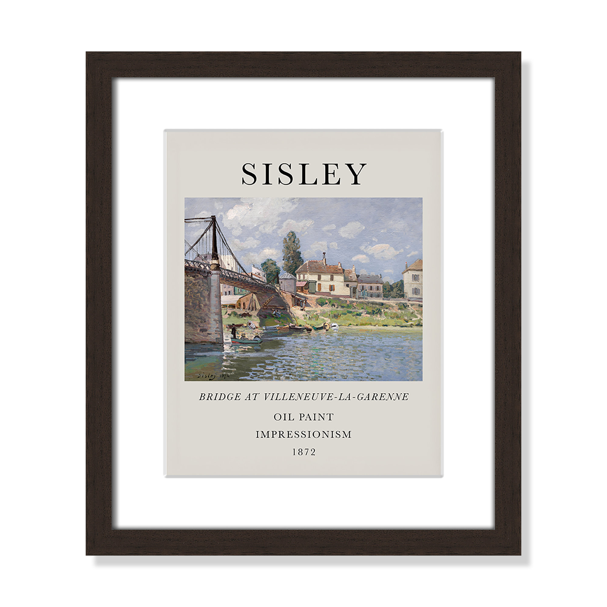 Old Masters Collection " The Bridge At Villeneuve " by Alfred Sisley, 15" H x 13" W x 1.25" D, Walnut Single Picture Frame
