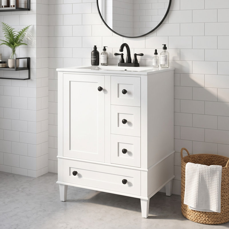 Meuble-lavabo autoportant de 61 cm de largeur avec tiroir compartimenté, rangement sur porte et comptoir en céramique, Blanc