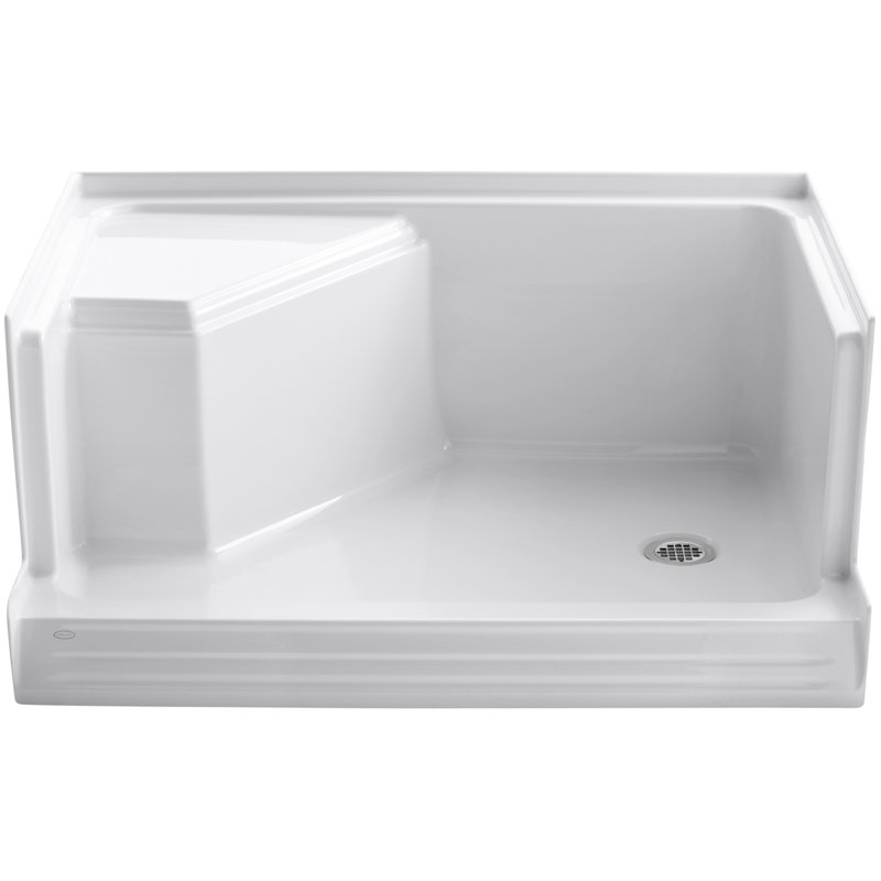 Base de douche 48 po x 36 po à simple seuil avec drain à droite et siège encastré à gauche Memoirs, Blanc